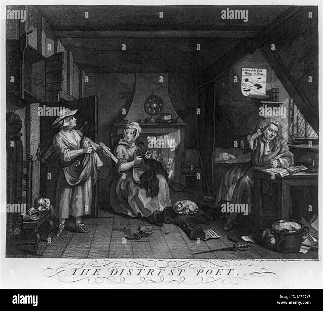 Eine ergreifende Darstellung eines verzweifelten Dichters, symbolisiert die emotionalen Aufruhr und Introspektion, die oft mit dem künstlerischen Prozess verbunden sind. Stockfoto