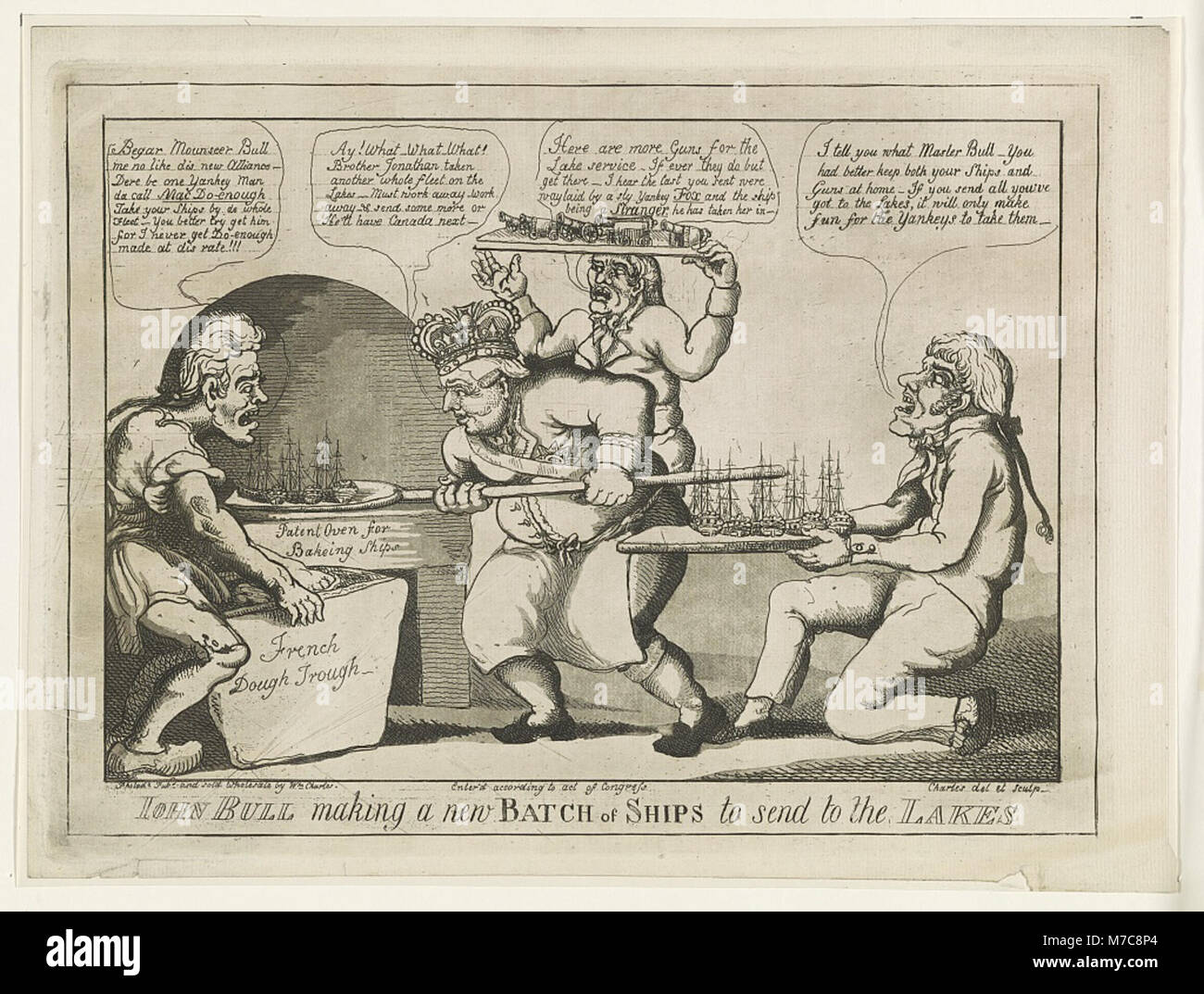 Eine Illustration von John Bull, einer Personifikation Großbritanniens, der eine neue Flotte von Schiffen herstellt, die zu den Seen geschickt werden sollen, was die Stärke und Industrie der britischen Marine symbolisiert. LCCN-Nummer 2002708986. Stockfoto