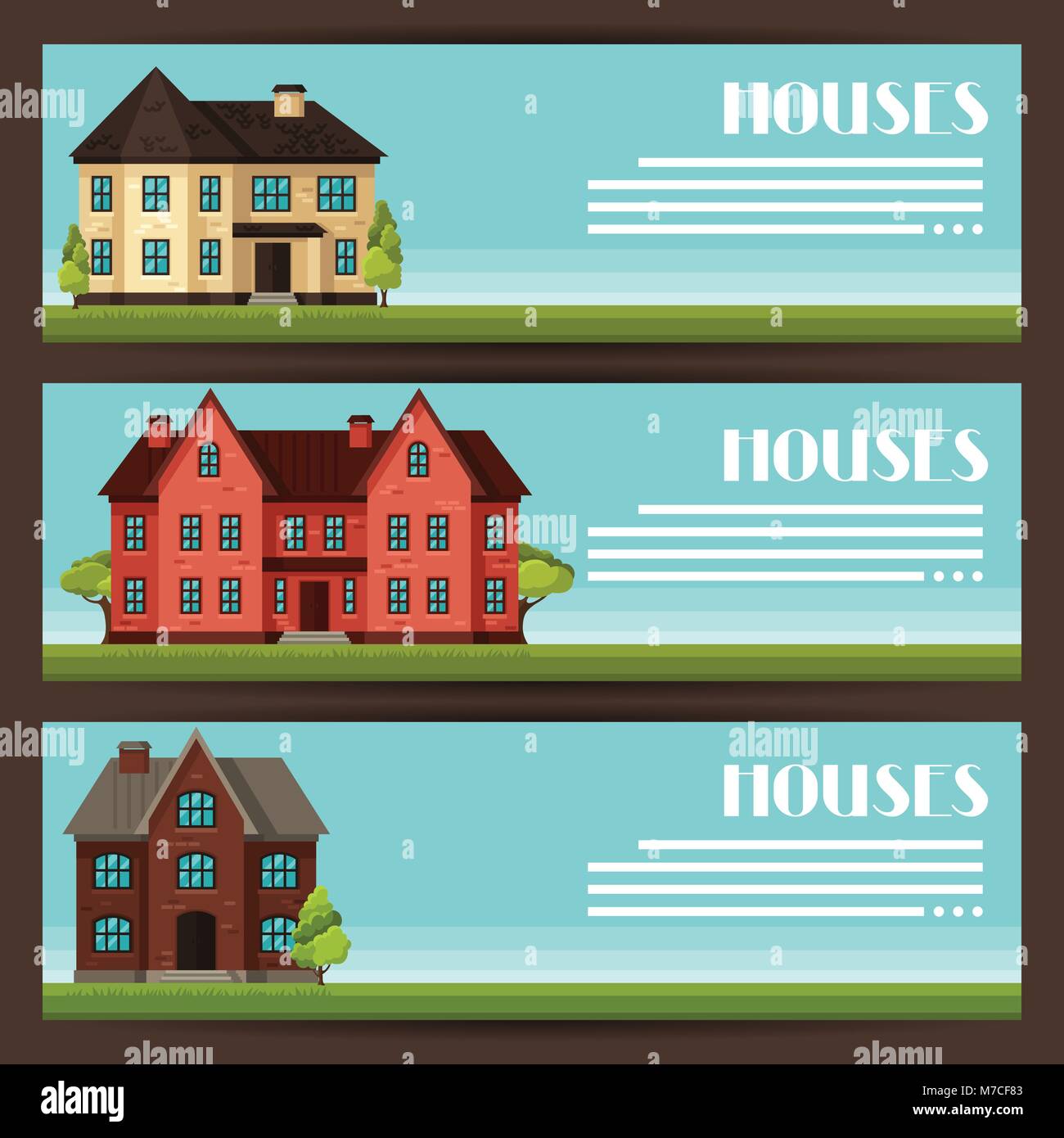 Stadt horizontale Banner Design mit Hütten und Häuser Stock Vektor