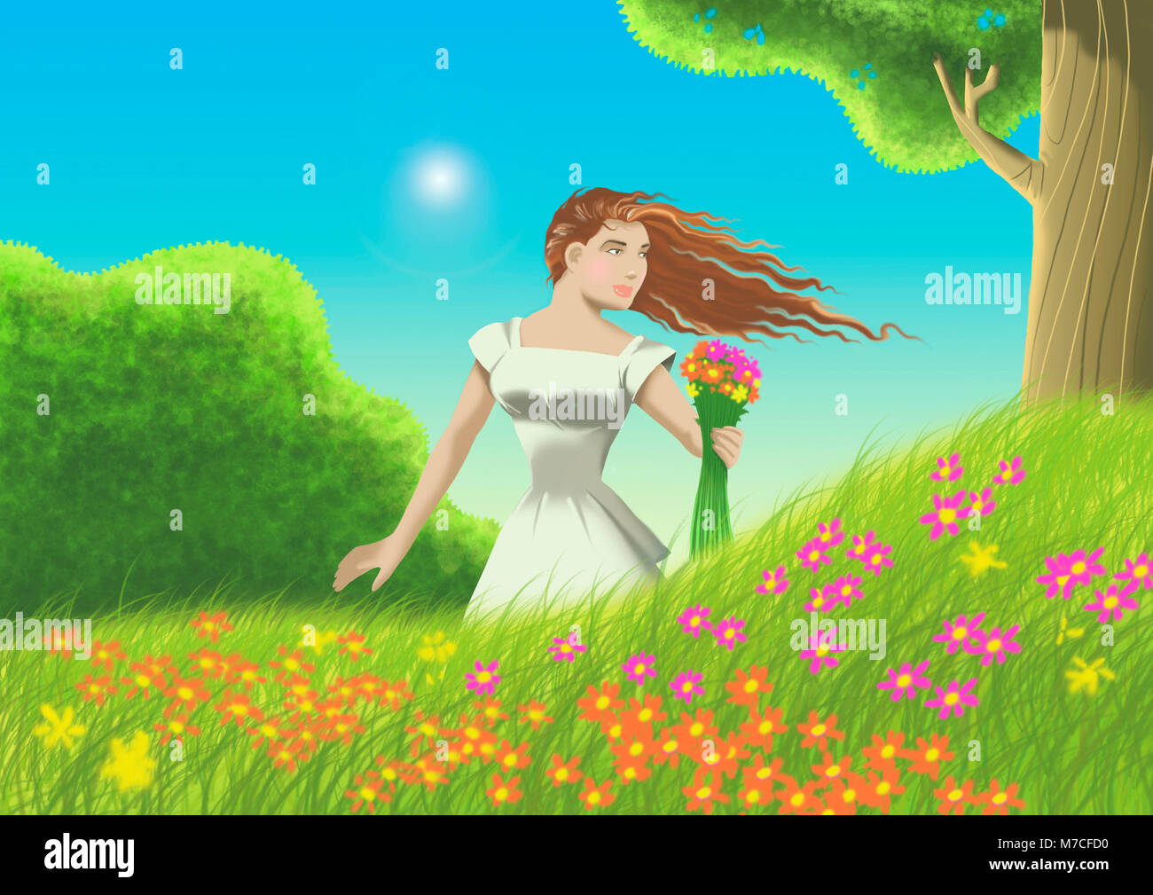 Frau mit einem Blumenstrauß Stockfoto