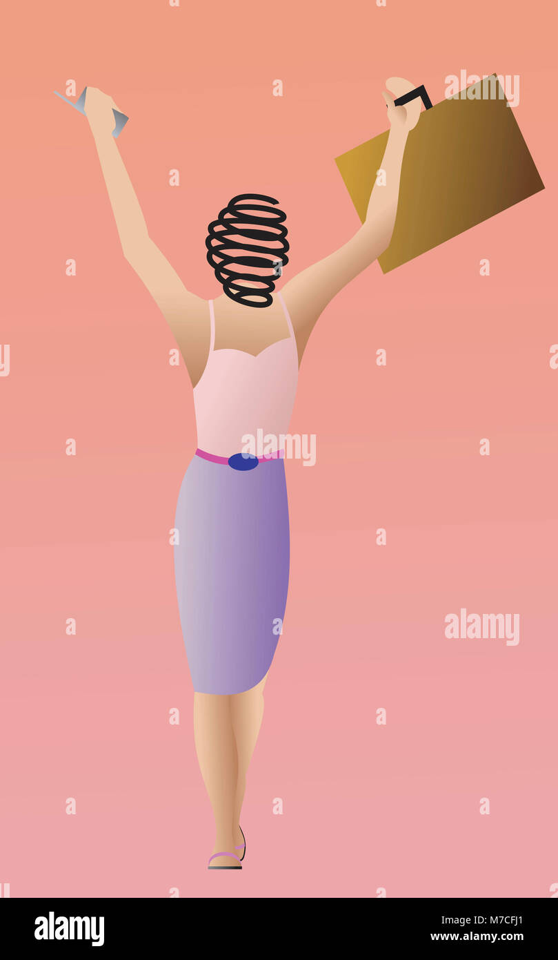 Geschäftsfrau hält eine Aktentasche mit ihrem erhobenen Armen Stockfoto