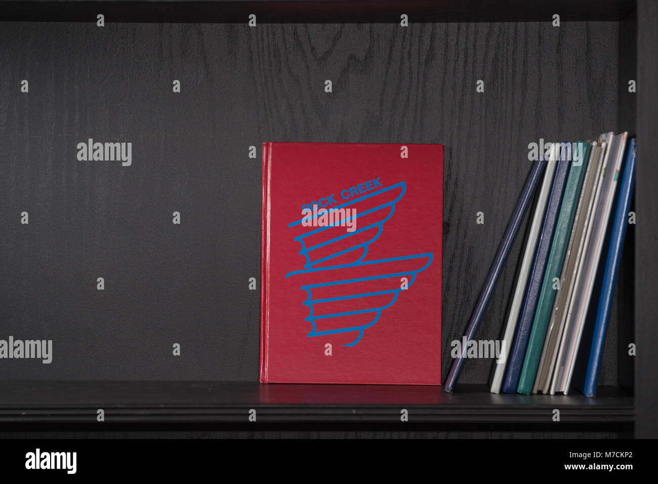 Vintage Retro High School Jahrbücher im Regal mit Stapel von Büchern und antiken Kamera Stockfoto