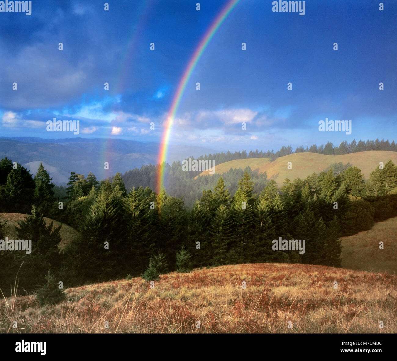Double Rainbow, Küsten Hügel, Bolinas Ridge, Mout Tamalpais State Park, Marin County, Kalifornien Stockfoto