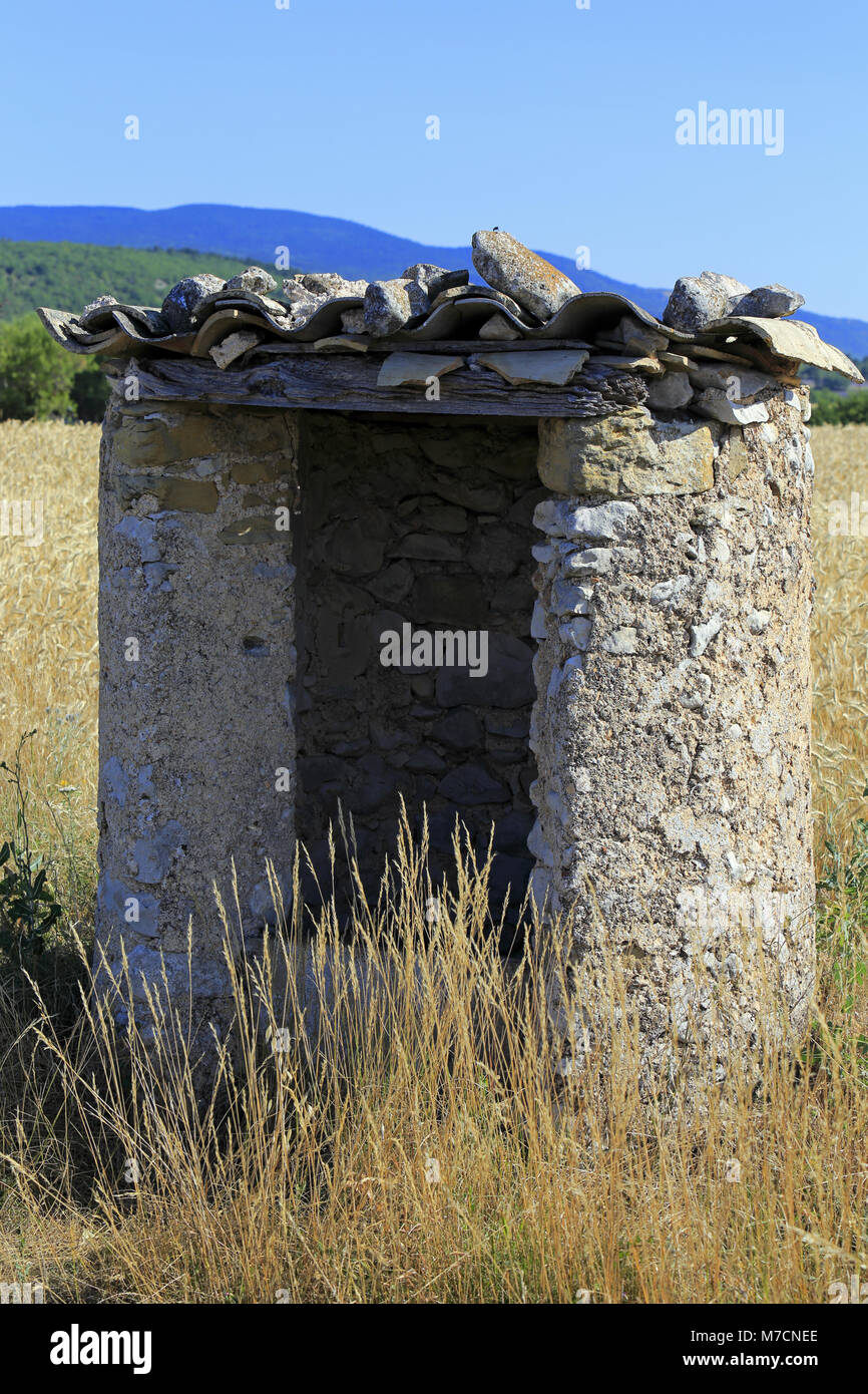 Champs de Petit épeautre, Vieux Puits En Pierres sèches. Sault. F84 Stockfoto