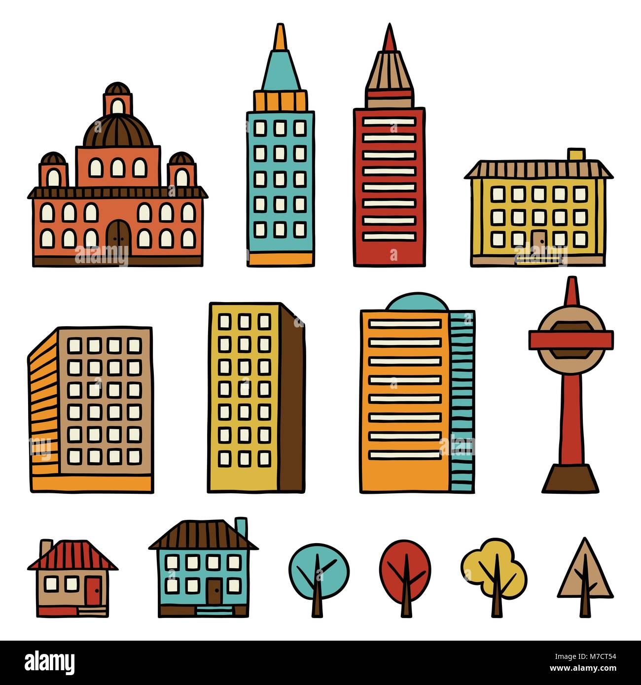 Satz von Hand gezeichnet Häuser für Stadt Abbildung Stock Vektor