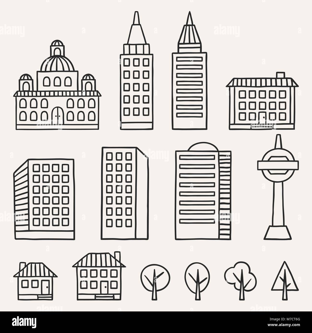 Satz von Hand gezeichnet Häuser für Stadt Abbildung Stock Vektor