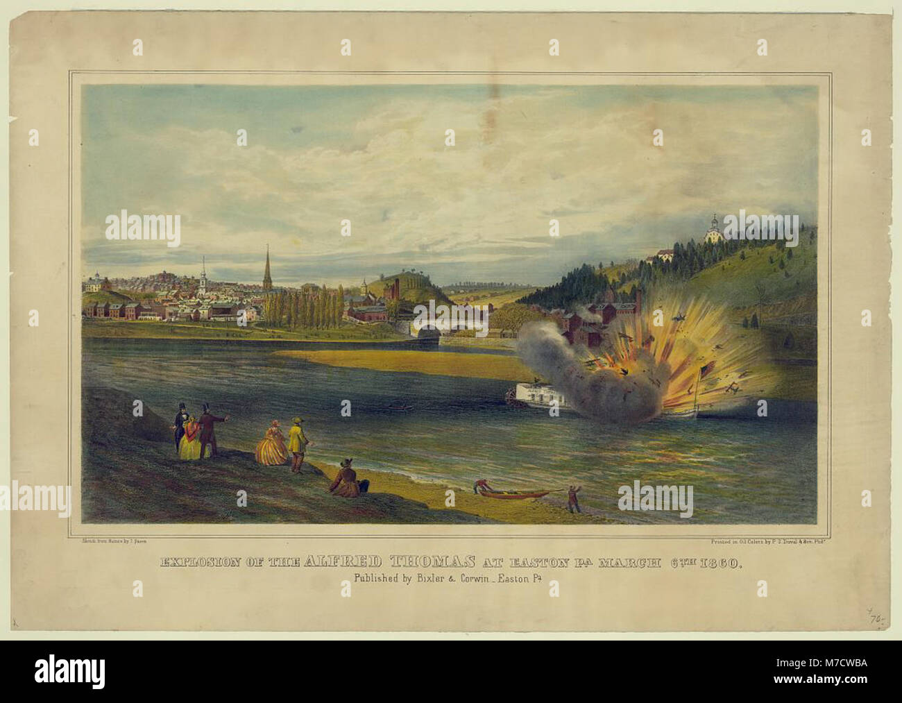 Die Explosion des Alfred Thomas in Easton, Pennsylvania, am 6. März 1860, ist in dieser Ölfarbe dargestellt, die einen historischen Moment der industriellen Tragödie feststellt. Stockfoto
