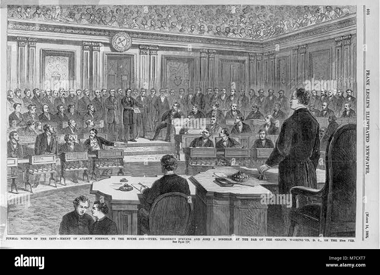 Ein formelles Dokument, das die Amtsenthebung von Präsident Andrew Johnson vorstellt, das von Thaddeus Stevens und John A. Bingham am 25. Februar im Senat eingeführt wurde und einen wichtigen Moment in der politischen Geschichte der USA darstellt. Stockfoto