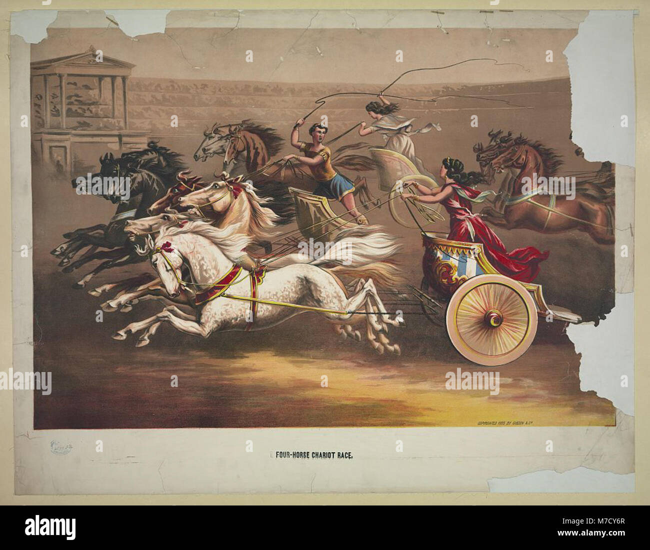 Eine Darstellung eines 4-Pferde-Wagenrennens, das den alten Sport zeigt, der in Kulturen wie Rom und Griechenland beliebt war. Das Bild zeigt die Geschwindigkeit und Spannung dieses historischen Wettbewerbs. Stockfoto