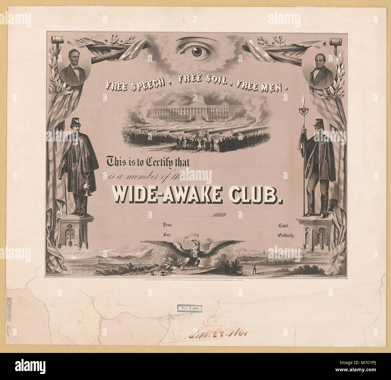 Dieses Zertifikat bestätigt die Mitgliedschaft im Wide-Awake Club und betont das US-Motto „Free Speech, Free Soil, Free Men“ aus dem 19. Jahrhundert, das das politische Klima der Zeit widerspiegelt. Stockfoto