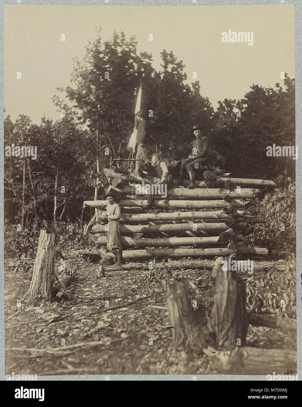 Eine Signalstation am Elk Mountain, Maryland, überblickt das Schlachtfeld von Antietam während des Amerikanischen Bürgerkriegs im Oktober 1862. Die Signalstation spielte eine entscheidende Rolle bei der militärischen Kommunikation während der Schlacht. Stockfoto