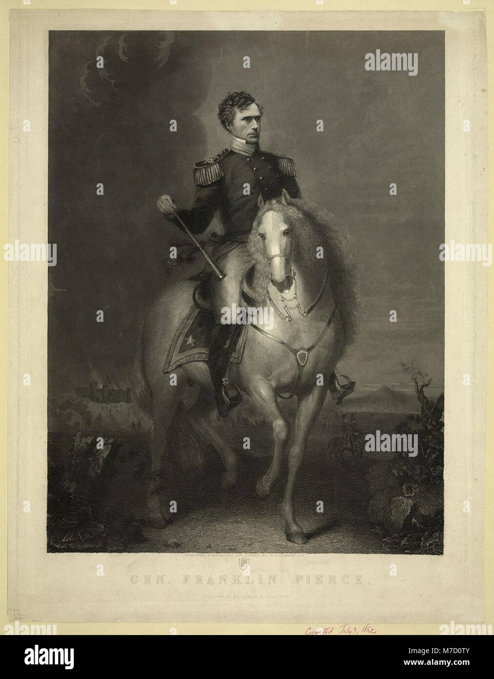 Dieser Stahlstich von W.L. Ormsby zeigt General Franklin Pierce und zeigt seine Rolle als 14. Präsident der Vereinigten Staaten Mitte des 19. Jahrhunderts. Stockfoto