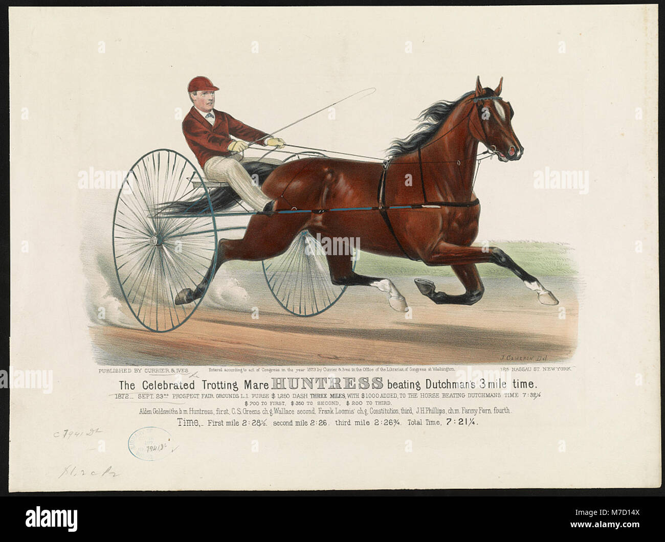 Die Trabtierstute Huntress stellte am 23. September 1872 einen Rekord auf, indem sie Dutchmans 3-Meilen-Zeit bei einem Rennen auf dem Prospect Fair Grounds in Long Island mit einem Geldbeutel von 1.250 US-Dollar besiegte. Stockfoto