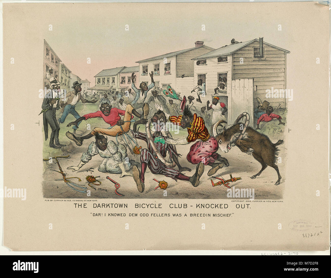 Ein humorvoller Cartoon aus der Serie „Darktown Bicycle Club“, der die Überraschung einer Figur über die Mätzchen anderer Clubmitglieder zeigt. Das Bild zeigt die afroamerikanische Karikaturkultur des frühen 20. Jahrhunderts. Stockfoto