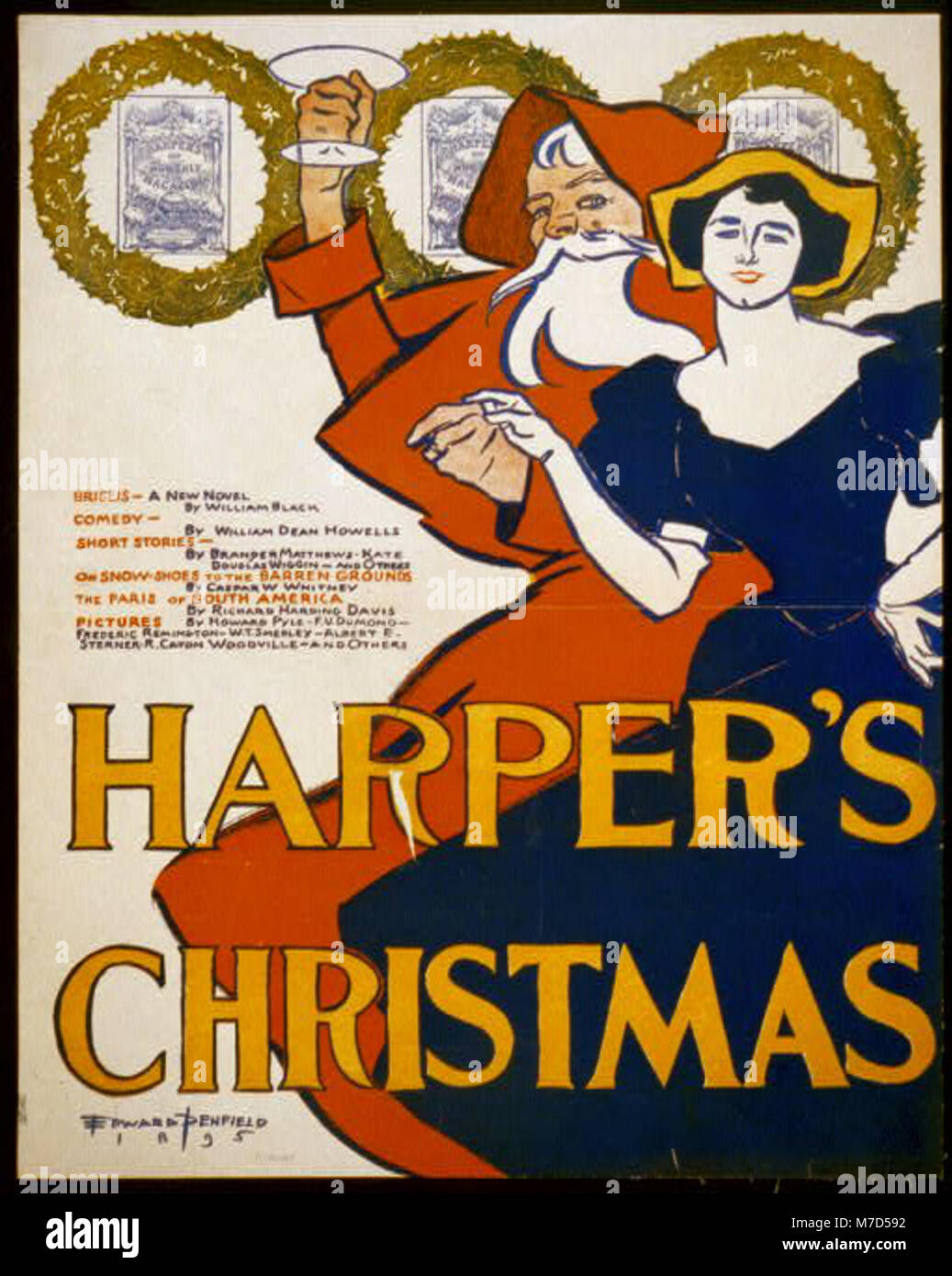 Ein Vintage-Cover von Harper's Magazinen mit einer Illustration zum Weihnachtsmotiv, die den Geist der Weihnachtszeit in einem künstlerischen Stil einfängt. Das Bild repräsentiert die Feiertagstraditionen des frühen 20. Jahrhunderts. Stockfoto