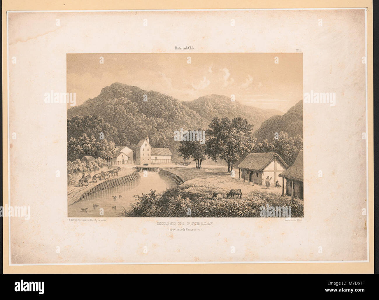 Ein historischer Druck aus „Historia de Chile“ zeigt den Molino de Puchacay in der Provinz Concepción, Chile, ein wichtiger Ort in der kolonialen Vergangenheit und industriellen Entwicklung des Landes. Stockfoto