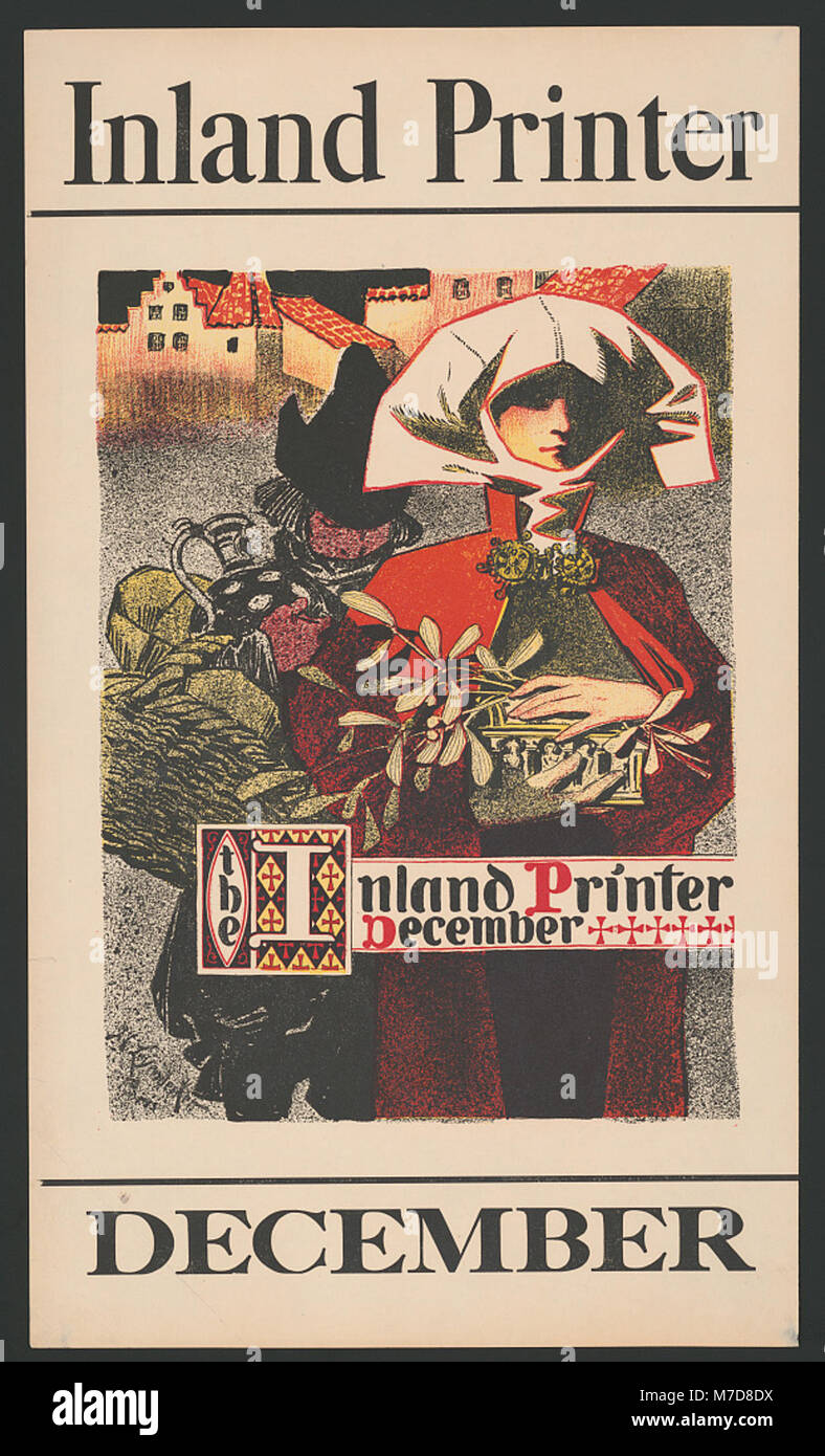 Ein Umschlag oder eine Seite aus der Dezemberausgabe des Inlanddruckers, der die Entwicklung der Druckindustrie und die Rolle der Druckmedien in dieser Zeit veranschaulicht. Das Bild spiegelt historische Fortschritte in der Drucktechnologie wider. Stockfoto
