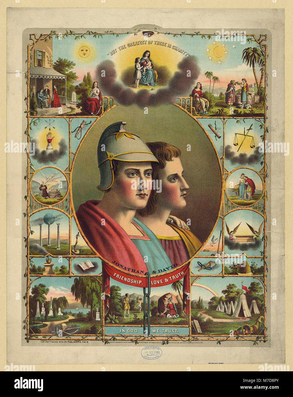 Ein Bild mit dem Ausdruck „in God We Trust“, der auf einer US-Währungsnote hervorgehoben ist. Der Satz ist ein nationales Motto, das die historische und kulturelle Verbindung zwischen Religion und Regierung in den Vereinigten Staaten symbolisiert. Stockfoto