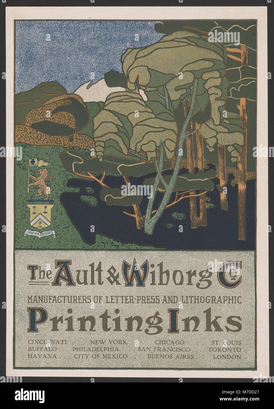 Die Firma Ault & Wilborg wird als Hersteller von Lithografie- und Buchdruckfarben gezeigt. Das Unternehmen spielte im frühen 20. Jahrhundert eine Rolle in der Druck- und Verlagsbranche. Stockfoto