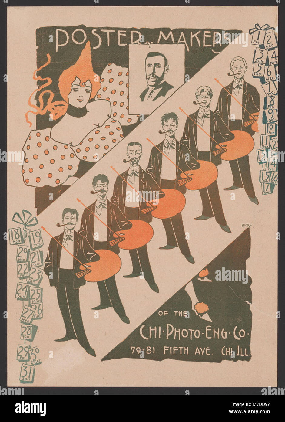 Dieses Bild zeigt die Postermacher bei der Chicago Photo Engraving Company und zeigt den industriellen Prozess hinter der Erstellung von Plakaten. Es repräsentiert die Druckindustrie des frühen 20. Jahrhunderts und die Fähigkeiten, die mit dem Grafikdesign und dem Druck verbunden sind. Stockfoto