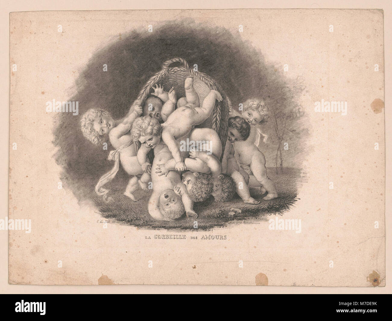 Eine Vintage-Illustration oder -Druck mit dem Titel *La corbeille des amours*, die wahrscheinlich romantische Themen oder kulturelle Motive aus der Vergangenheit symbolisiert. Stockfoto