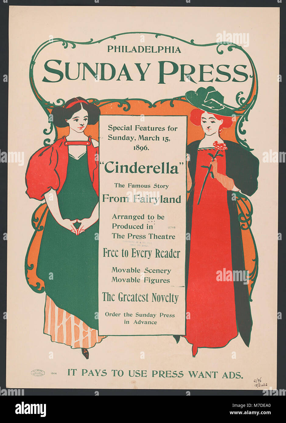 Ein historischer Zeitungsbeitrag vom Sonntag, 15. März 1896, der wichtige Ereignisse, Geschichten, und Abdeckung während dieses Zeitraums. Das Bild hebt den Medienstil des 19. Jahrhunderts hervor. Stockfoto