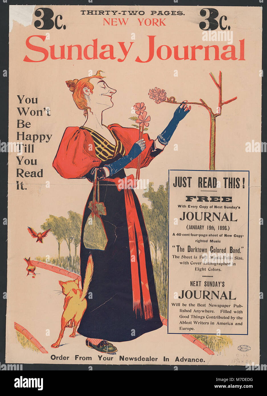 Eine Werbung des New York Sunday Journal, die für seine ansprechenden Inhalte mit dem Slogan „You Well't Be Happy until You read IT“ wirbt. Stockfoto