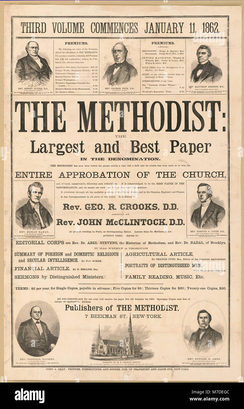 The Methodist, das größte und bekannteste Papier innerhalb seiner Bezeichnung, zeigt seine Druck-, Stereotypisierung und Bindungsmethoden in New York City während seiner Zeit. Stockfoto