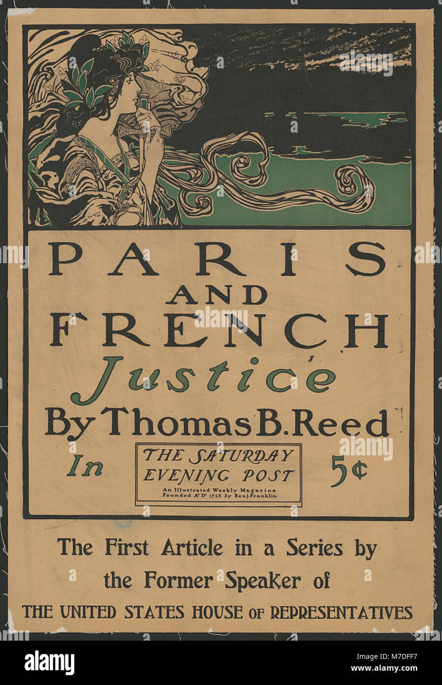 Ein artikel von Thomas B. Reed mit dem Titel „Paris and French Justice“, der in der Saturday Evening Post veröffentlicht wurde und sich mit der französischen Rechtspraxis befasst. Stockfoto