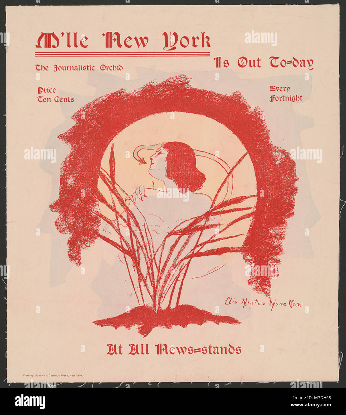 Eine Anzeige oder Zeitungsdruckerei, in der angekündigt wird, dass M'lle New York nun an allen Zeitungsständen verfügbar ist, was die Rolle der Medien in der Kultur des frühen 20. Jahrhunderts widerspiegelt. Stockfoto