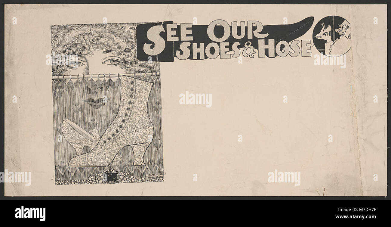 Eine Vintage-Werbung für Schuhe und Strumpfwaren, in der modische Schuhe und Strumpfwaren hervorgehoben werden. Stockfoto