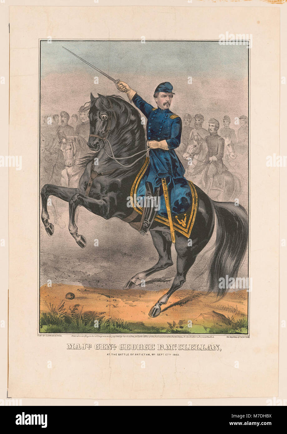 Major General George B. McClellan in der Schlacht von Antietam, Maryland, am 17. September 1862. McClellan war ein wichtiger Befehlshaber der Union während des Bürgerkriegs, bekannt für seine Führung während dieser entscheidenden Schlacht. Stockfoto