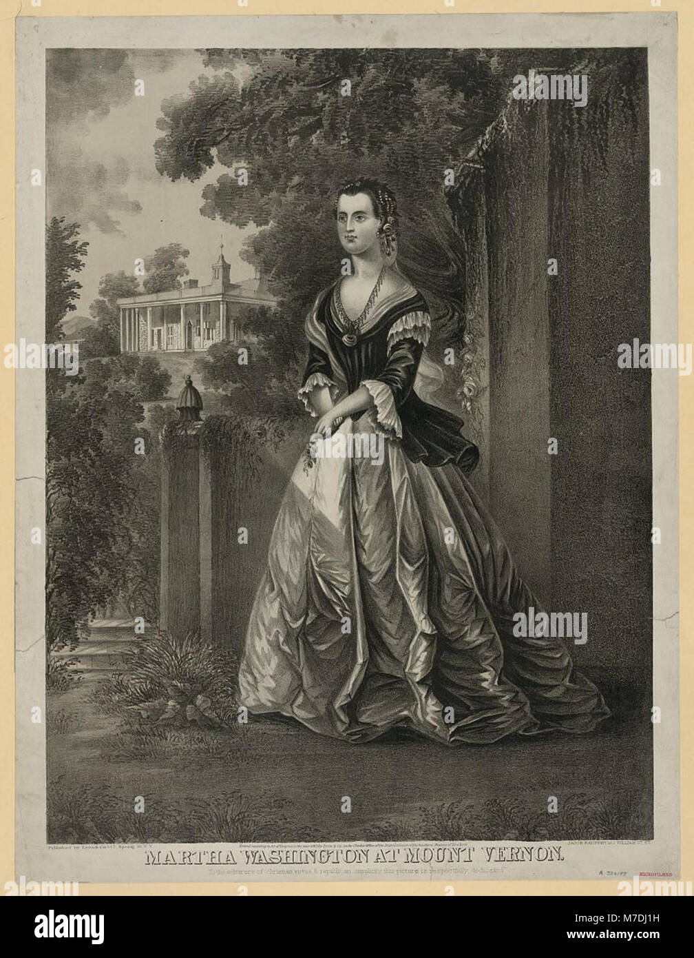 Dieser historische Druck von Jacob Rau zeigt Martha Washington in Mount Vernon, ihrem Zuhause. Das Bild spiegelt ihre Rolle in der amerikanischen Geschichte als Ehefrau von George Washington wider und hält einen persönlichen Moment im Leben der First Lady des Landes fest. Stockfoto