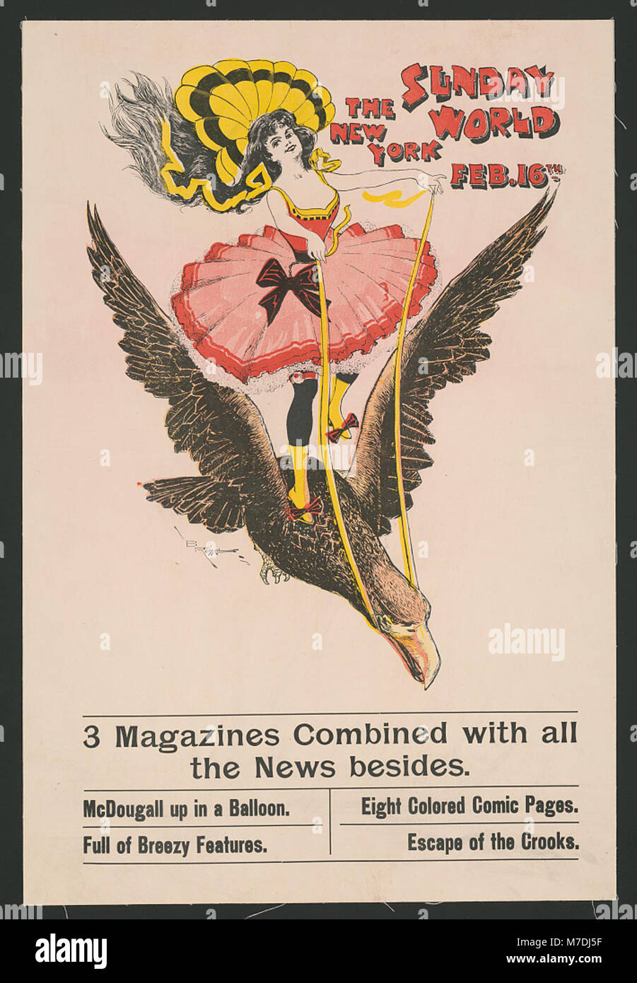Dieses Bild zeigt die Titelseite der New York Sunday World vom 16. Februar. Die Zeitung gibt Einblicke in die Ereignisse und Geschichten des Tages. Stockfoto
