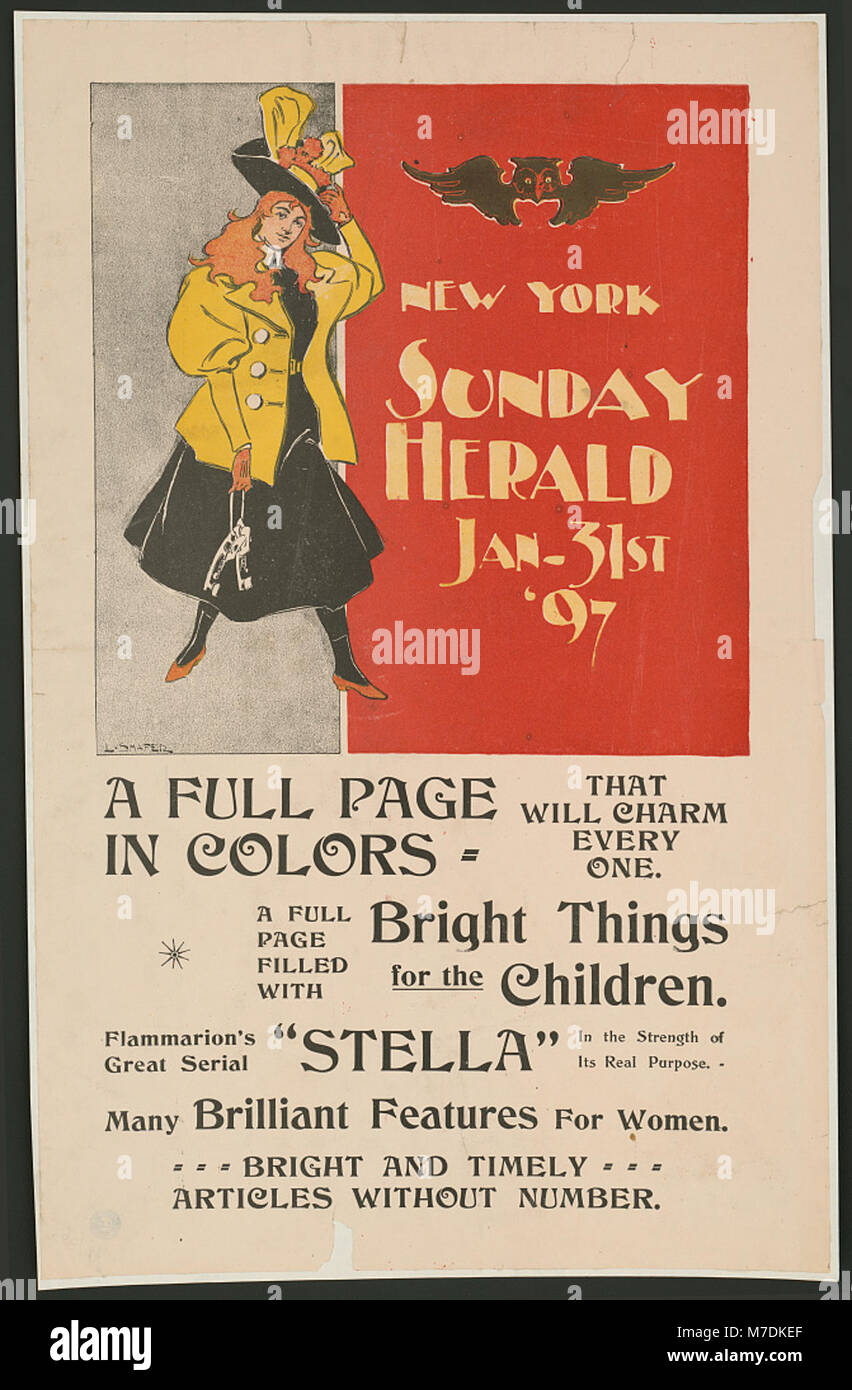 Ein Titelfoto des New York Sunday Herald vom 31. Januar 1897. Das Bild unterstreicht die Rolle der Zeitung bei der Nachrichtenübermittlung im späten 19. Jahrhundert. Stockfoto