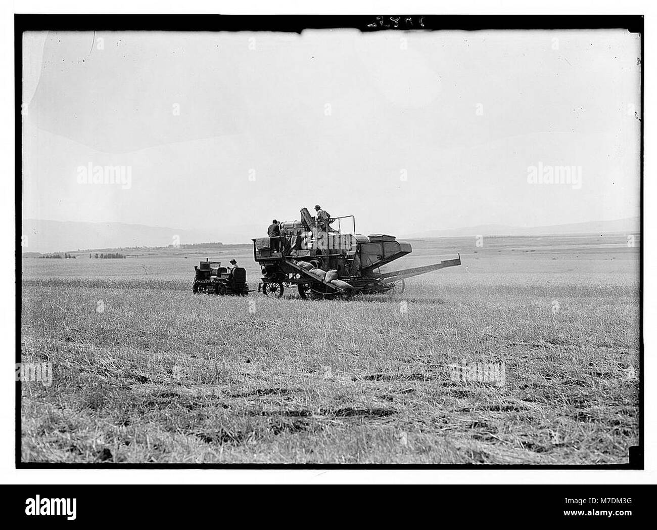 Eine Fotografie eines modernen Ernteers, der in der Ebene von Esdraelon in Israel arbeitet und die landwirtschaftlichen Fortschritte in den 1930er Jahren hervorhebt Stockfoto