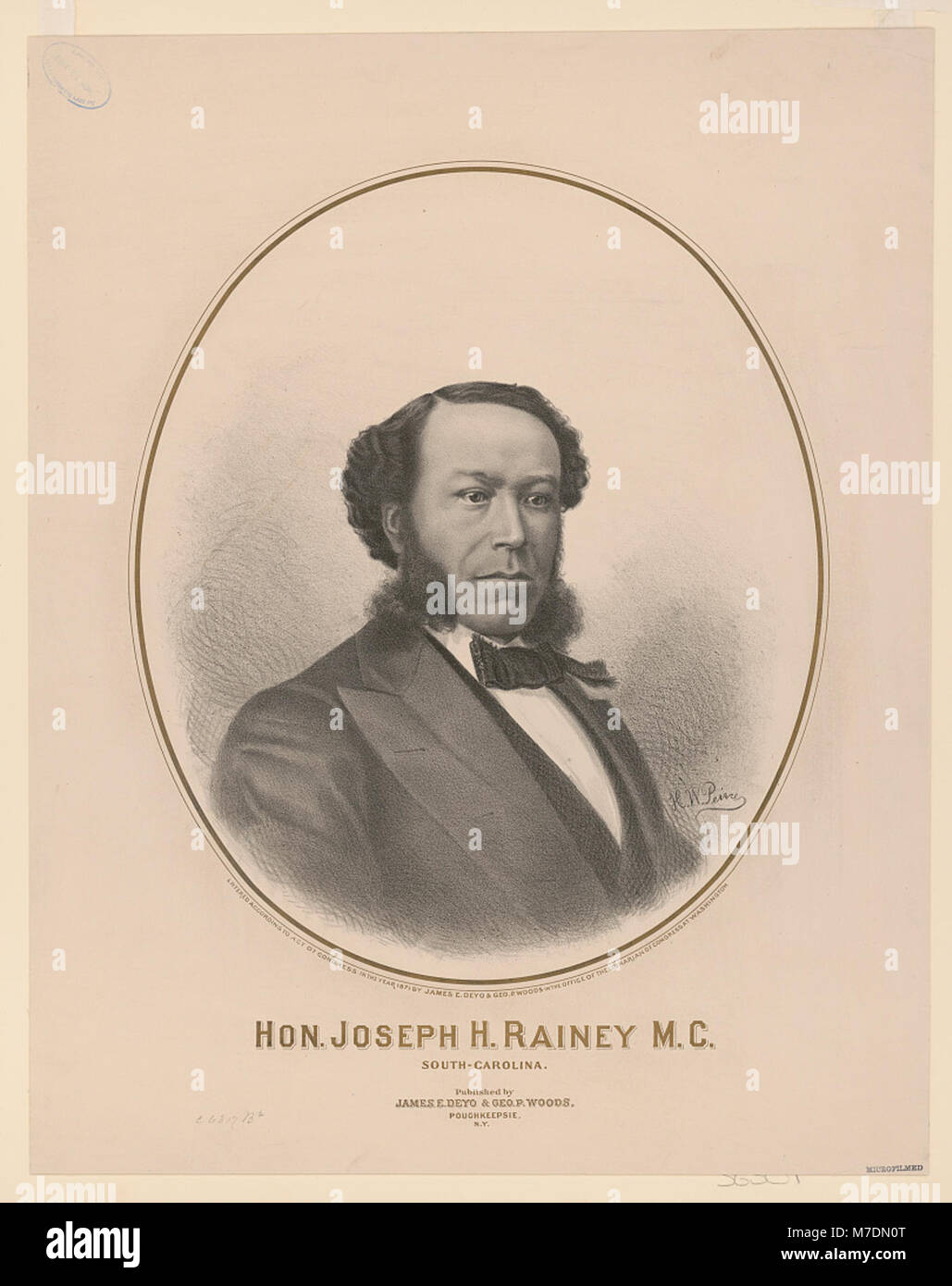 Joseph H. Rainey war der erste Afroamerikaner, der von 1870 bis 1874 in das US-Repräsentantenhaus gewählt wurde. Seine Wahl war ein bedeutender Meilenstein in der politischen Geschichte der USA. Stockfoto
