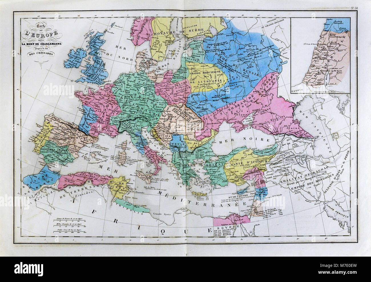 1858 Delamarche Historische Karte von Europa nach dem Tod von Karl dem Großen bis zum Ende der Kreuzzüge Stockfoto