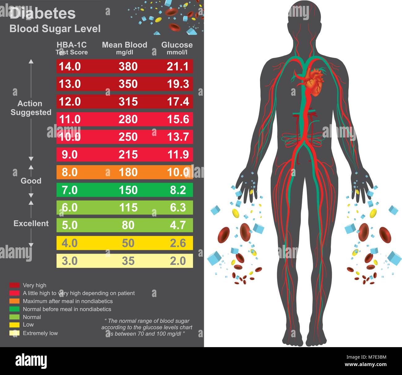 Diabetes Chart. Symptome von hoher Blutzucker gehören häufiges Wasserlassen, erhöhter Durst und Hunger erhöht. Bildung info Grafik. Vektor Design Stock Vektor