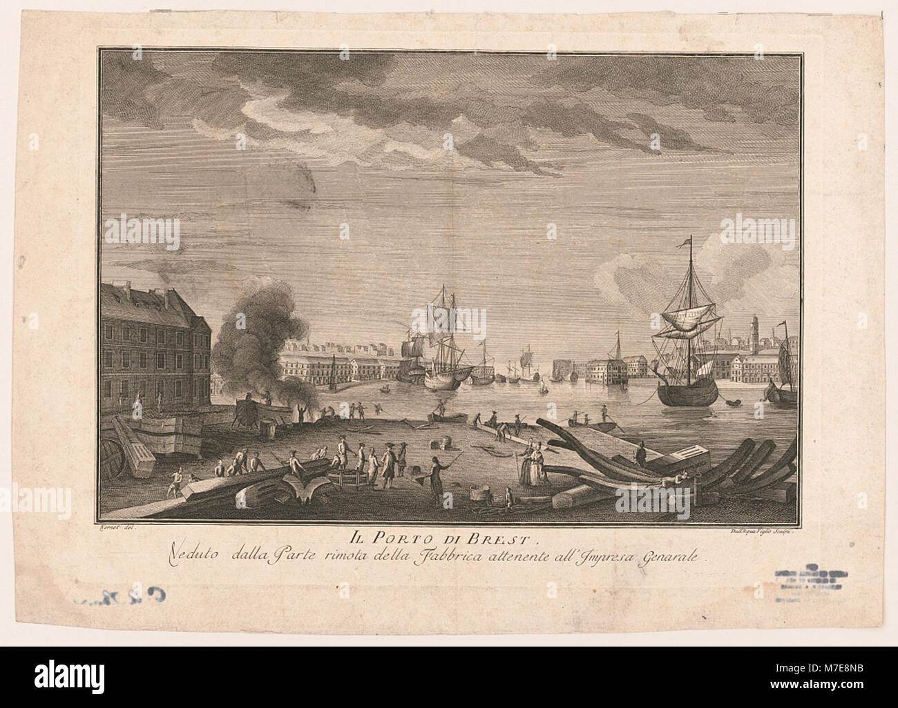 Dieser italienische Druck zeigt den Hafen von Brest aus einer fernen Sicht der Fabrik, die mit der General Enterprise verbunden ist. Das Werk wird Vernet zugeschrieben und von Dall'Acqua geschaffen. Katalogisiert unter LCCN2003681767. Stockfoto