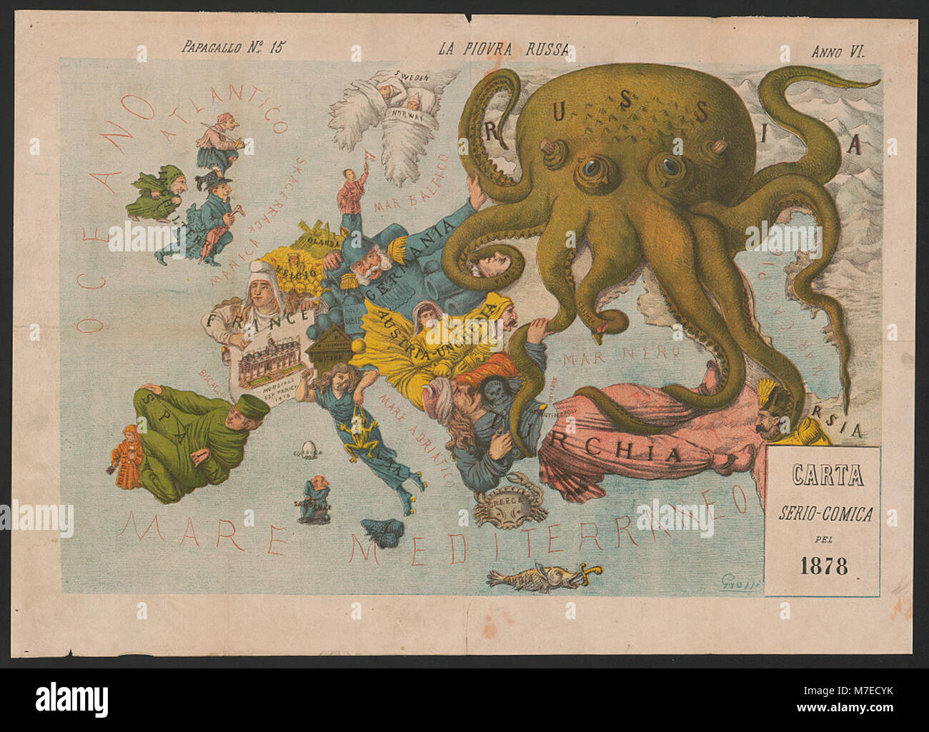 Ein Cover der italienischen Zeitschrift "Papagallo" mit einem artikel über den russischen Tintenfisch (la piovra russa) aus dem 6. Jahr der Veröffentlichung, der politische Themen untersucht. Stockfoto