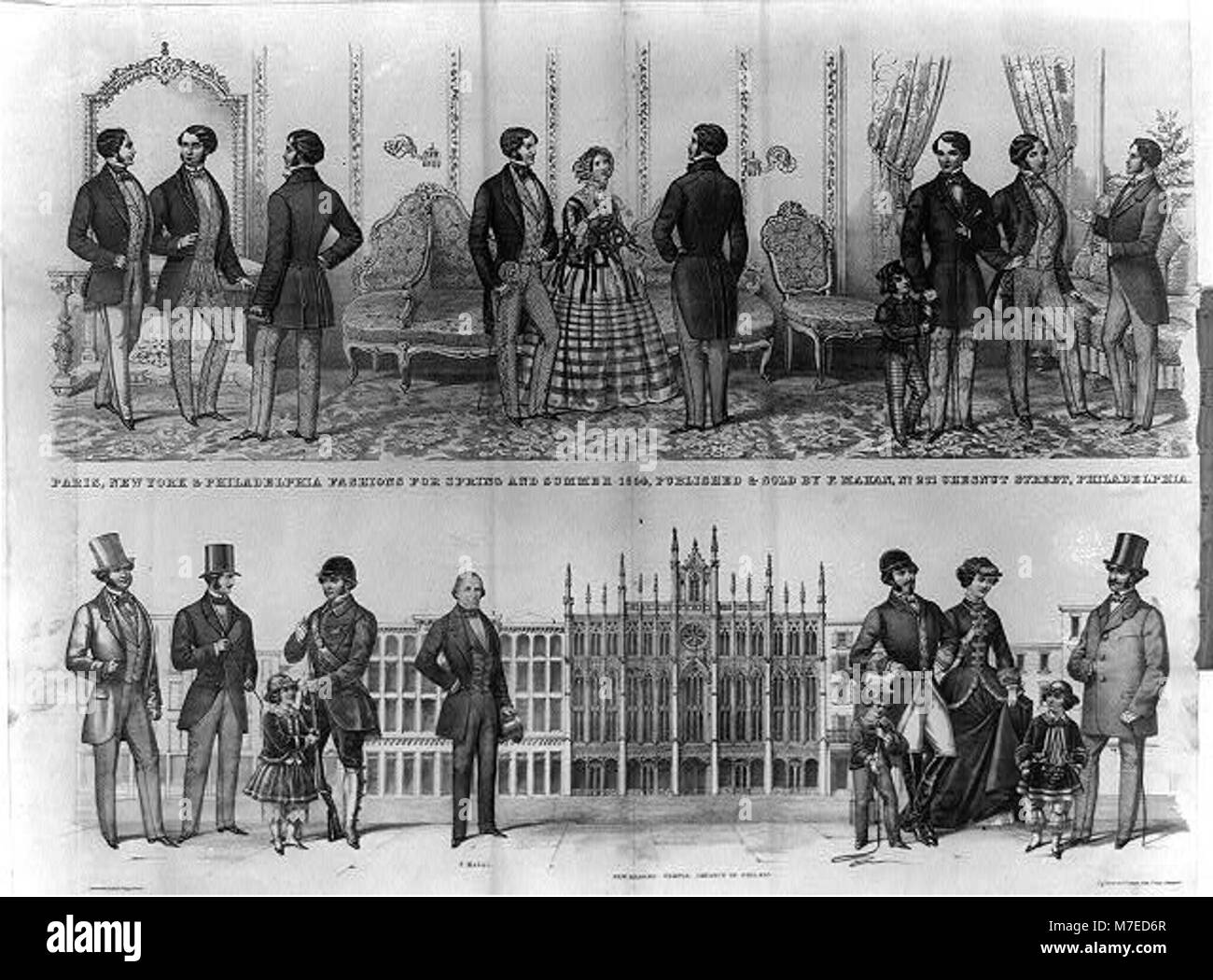 Diese Modewerbung von 1854 zeigt die neuesten Styles für Frühling und Sommer aus Paris, New York und Philadelphia. Der von F. Mahan herausgegebene Artikel spiegelt die Modetrends der Mitte des 19. Jahrhunderts in diesen Großstädten wider. Stockfoto