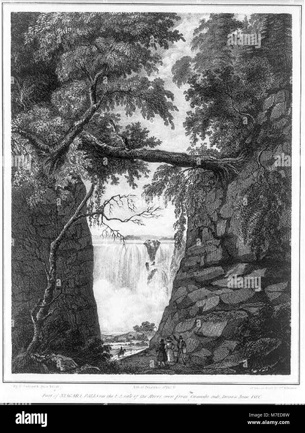 Ein Blick auf die Niagarafälle von der kanadischen Seite, der einen Teil des Wasserfalls zeigt, während er über die US-Seite des Flusses fließt, ein bekanntes natürliches Wahrzeichen. Stockfoto