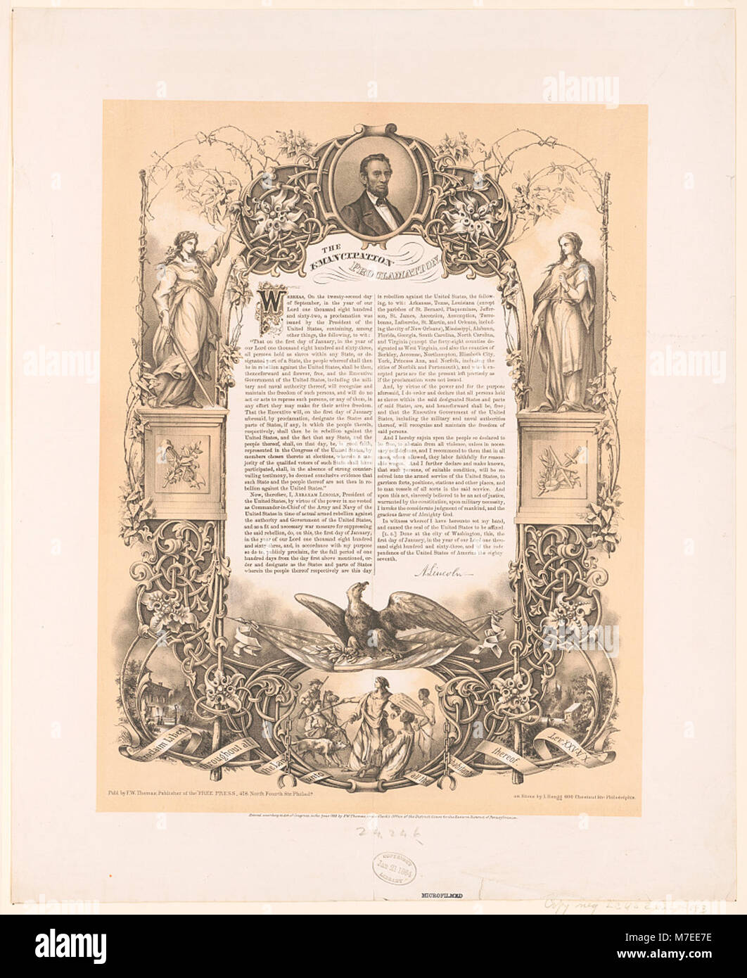Ein historisches Bild der Emanzipationsproklamation, der von US-Präsident Abraham Lincoln 1863 erlassenen Anordnung, die die Freiheit der Sklaven in konföderierten Gebieten erklärte. Stockfoto Ein historisches Bild der Emanzipationsproklamation, der von US-Präsident Abraham Lincoln 1863 erlassenen Anordnung, die die Freiheit der Sklaven in konföderierten Gebieten erklärte. Stockfoto