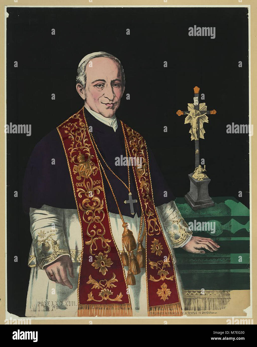 Ein Porträt von Papst Leo XIII., der von 1878 bis 1903 als Papst diente, bekannt für seine sozialen Lehren und Bemühungen zur Modernisierung der katholischen Kirche. Stockfoto