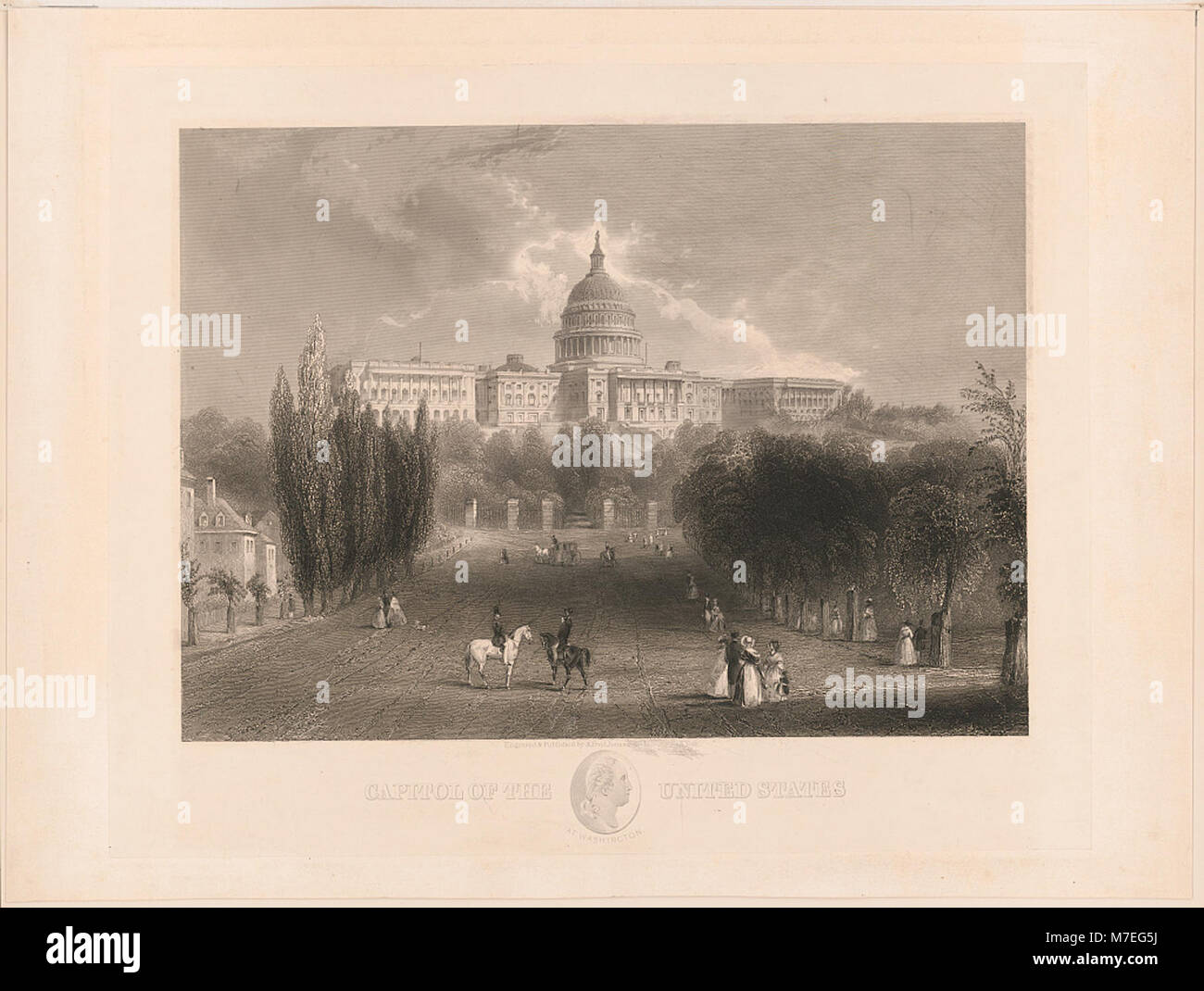 Ein graviertes Bild des Kapitols der Vereinigten Staaten in Washington, D.C., erstellt und veröffentlicht von Alfred Jones, das die Pracht und architektonischen Details des Gebäudes zeigt. Stockfoto