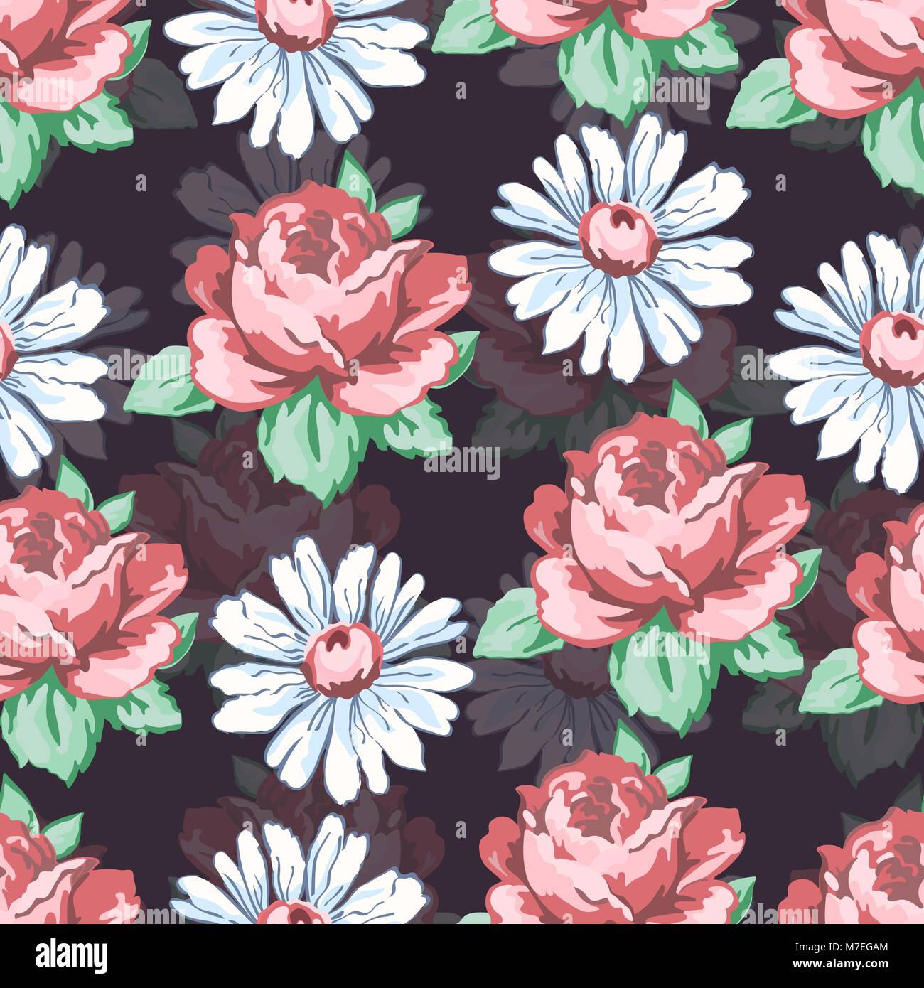 Rose und Kamille Blume hand Zeichnung nahtlose Muster, Vektor floral background, floraler Stickerei Verzierung. Erstellt bud Pink Rose Blume und weißen Kamille auf dunklem lila Hintergrund. Für fabric Design Stock Vektor