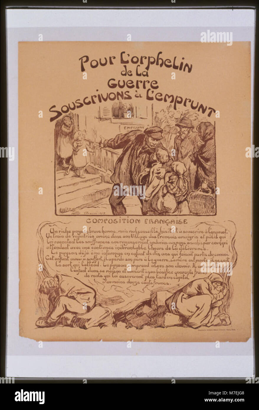 Ein französisches Poster, das eine Abo-Kampagne für Kriegswaisen anprangert. Der Slogan bedeutet: "Abonnieren für die Kriegswaise, das Darlehen." Die Kampagne zielte darauf ab, Mittel für die Unterstützung von Waisenkindern zu beschaffen. Stockfoto
