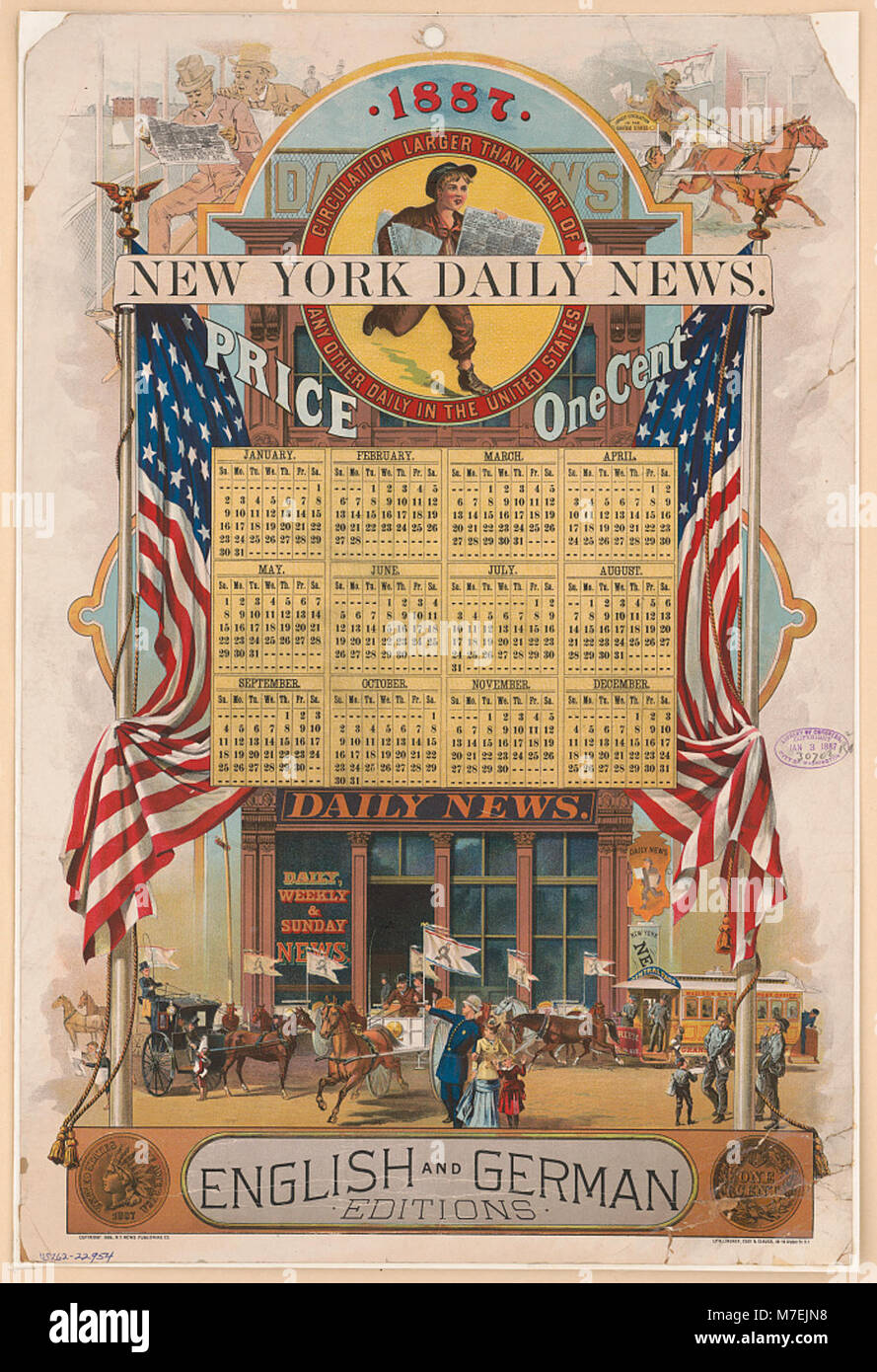 Ein Bild der New York Daily News, in dem der Preis von einem Cent auf der englischen und deutschen Ausgabe dargestellt wird und die Zeitungskultur und die Printmedien des frühen 20. Jahrhunderts beleuchtet werden. Stockfoto