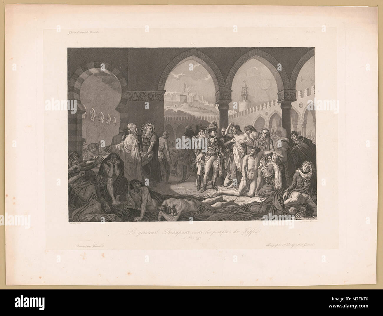 Dieses Bild zeigt General Bonaparte (Napoleon), der die Pestopfer von Jaffa besucht, und zeigt einen historischen Moment während seines ägyptischen Feldzugs im Jahr 1799, der die Bedingungen der medizinischen Bemühungen während des Krieges widerspiegelt. Stockfoto